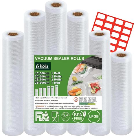 Sous Vide Alimentaire, 6 Rouleaux 15/20/25/28 x 300 cm, Approuvé par la LFGB, , Rouleau Sous Vide Alimentaire, 190 µm, Sans BPA (1/5)