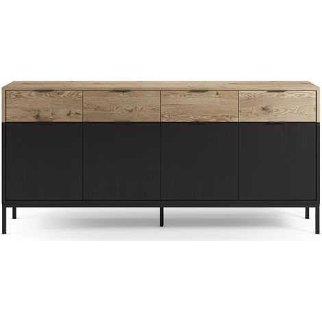 Buffet, meuble de rangement avec 4 portes et 4 tiroirs aspect bois coloris chêne et pieds en métal noir - Longueur 180 x Profondeur 40 x Hauteur 80 cm (1/5)