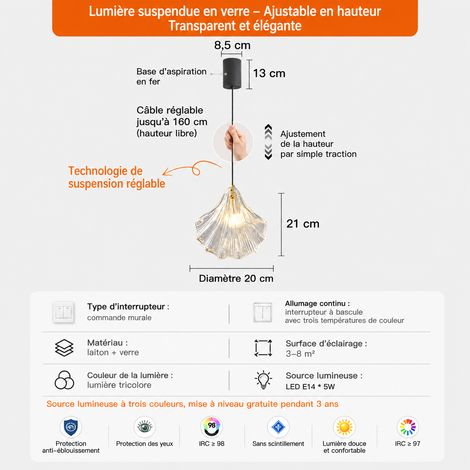Luminaire modèle suspension verre transparent réglable en hauteur avec arrêt en suspension à équiper d'une lumière tricolore 31 × 31 × 21 cm 1,3 kg – Livraison gratuite
