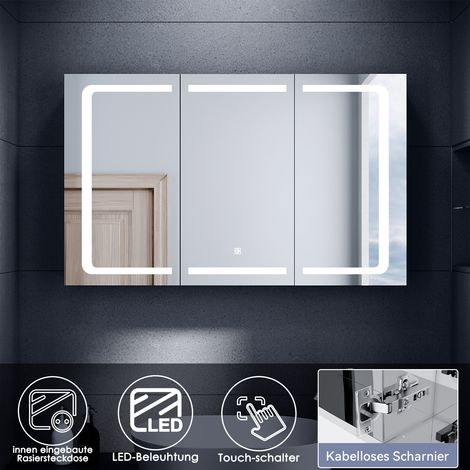 SONNI LED Spiegelschrank Badezimmerspiegel 3 türig Edelstah Spiegelschrank LED mit Beleuchtung mit Touch Steckdose Badschrank Badspiegel 105x65x13.3cm