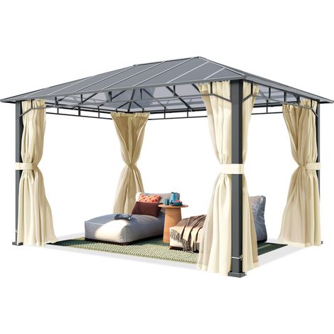 TOOLPORT Pavillon de jardin 3x4 m cadre alu, toit polycarbonate 8mm, beige - avec parois latérales et moustiquaires (1/5)