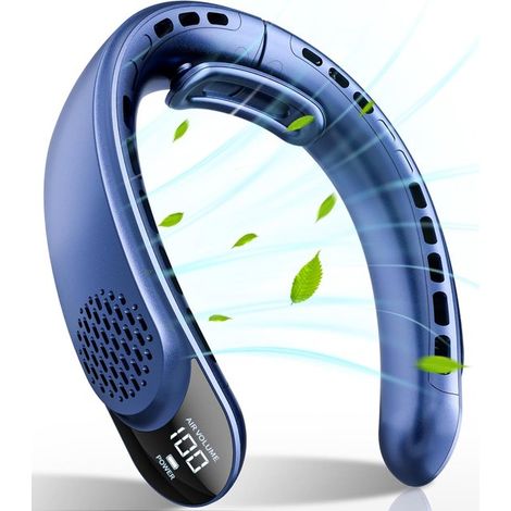 Ventilador de cuello portátil con pantalla LED, batería recargable de 4000 mAh, 3 velocidades, conexión USB-C para refrigeración manos libres, color azul, 19 x 22 cm.