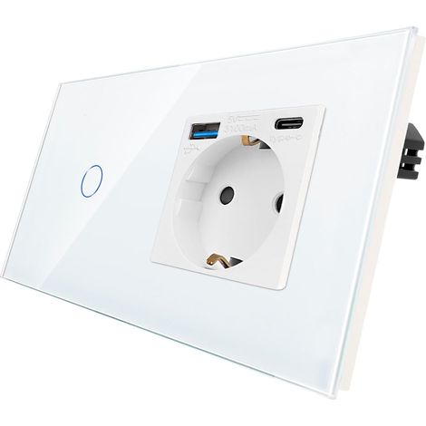 Interrupteur tactile et prise Schuko avec charge rapide USB (type C+A prise en charge de la charge rapide de 20 W) - Prise USB encastrée - Interrupteur mural en verre simple avec LED d'état - (1/5)