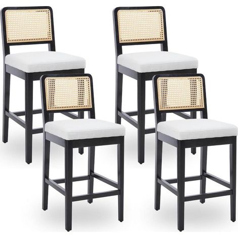 Barhocker 4er Set mit Rattan Rückenlehne und Leinen Sitz, Holzbeine, Beige (1/5)