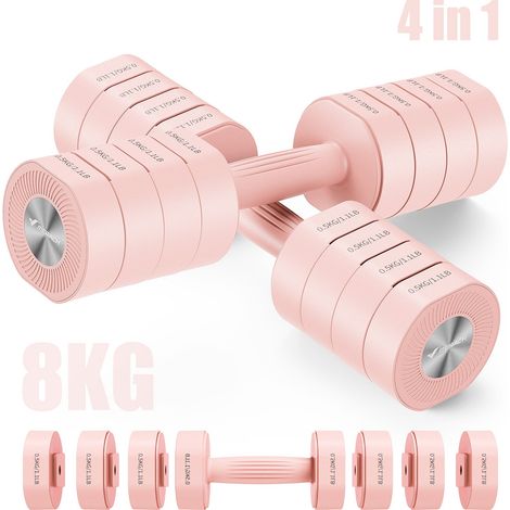 4-in-1 Adjustable Dumbbell - MERACH, Set of 2 Weights from 1 to 8KG, Home or Gym, for Men and Women, Pink (1/5)