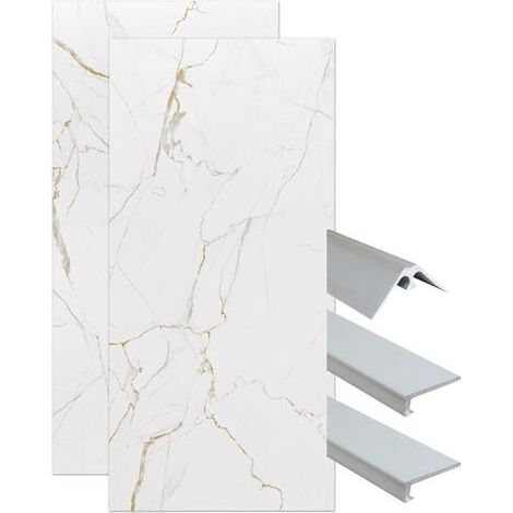 ONDEE ZEN - Pack montage 2 panneaux muraux en angle - marbre blanc 120 cm - profilés chromés