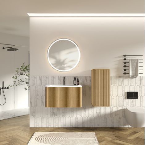 Meuble vasque suspendu 80 cm en MDF couleur chêne avec miroir LED, gain de place – MEUBLIV (1/5)