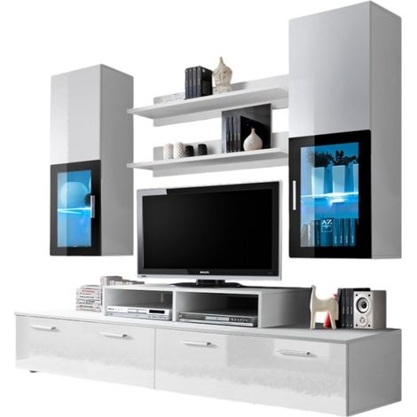 Meublorama – Meuble TV mural 200cm – Éclairage LED intégré – Structure en MDF – Dimensions L 200 x H 190 x P 45 cm – Collection MINI coloris blanc