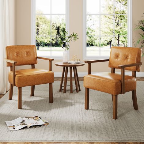 Fauteuil d'accent mid-century en bois, revêtement cuir PU orange (1/5)