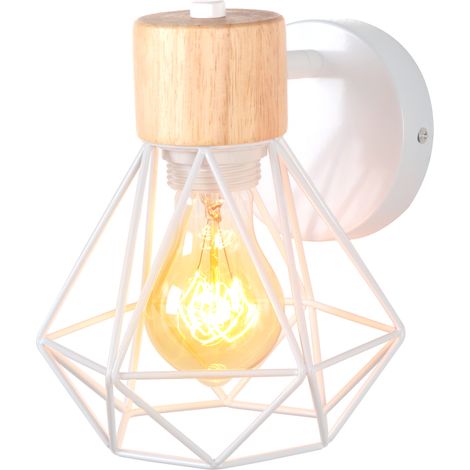 Wandlampe Retro aus Holz Eisen Käfig Wandleuchte Drehbare E27 16CM für Flur Wohnzimmer Schlafzimmer Küche Cafét (Weiß) (1/5)