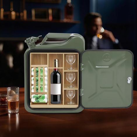 Bidon en métal, mini bar verrouillable avec compartiments en bois, cadeau pour homme, bar mobile, 35 x 15,5 x 47 cm (1/5)