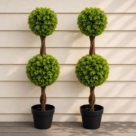90cm Artificial Pair of Green Double Ball Topiary Trees Premium (1/5)