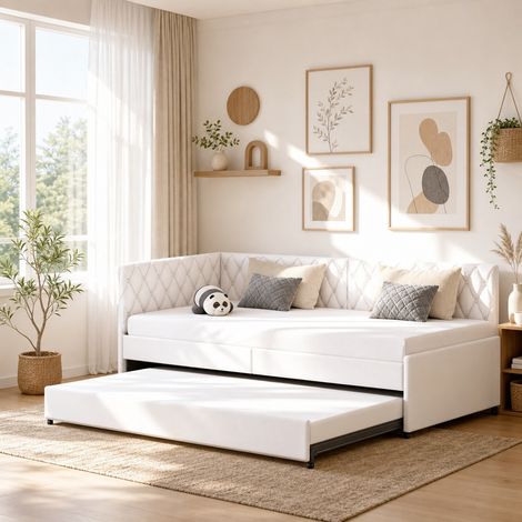Canapé-lit gigogne 2 places 90/180x200 cm, lit de jour convertible en velours beige capitonné, cadre métallique et sommier à lattes