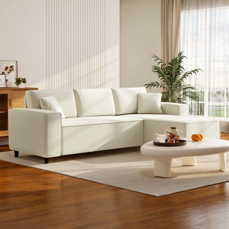 Moderno divano angolare reversibile a 3 posti con cuscini inclusi, tessuto in velluto a coste, color crema