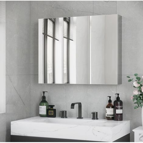 Badezimmerschrank 70x12x55 cm silber Edelstahl mit 3 Spiegeltüren und Wandmontage (1/5)