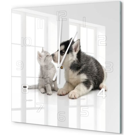 Grande Horloge Murale Carrée Sans Cadre en Verre Trempé Silencieuse et Moderne Chien et chat 60x60 cm (1/5)