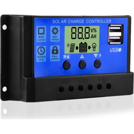 1 Contrôleur de charge solaire 30A PWM, ports USB doubles, pour batteries plomb-acide, systèmes 12V/24V (1/5)