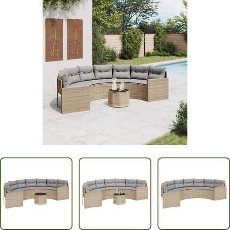 Canapé extérieur - Canapé de jardin table coussins demi-rond beige résine tressée (1/5)