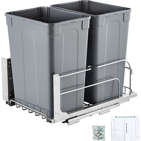 Poubelle Coulissante sous Évier et sous Plan 2x32,8 L, Collecteur de Déchets avec Système Coulissant en Métal à Fermeture Douce, Système de Tri Sélectif Placard Meuble Bas, Cuisine, Gris (1/5)