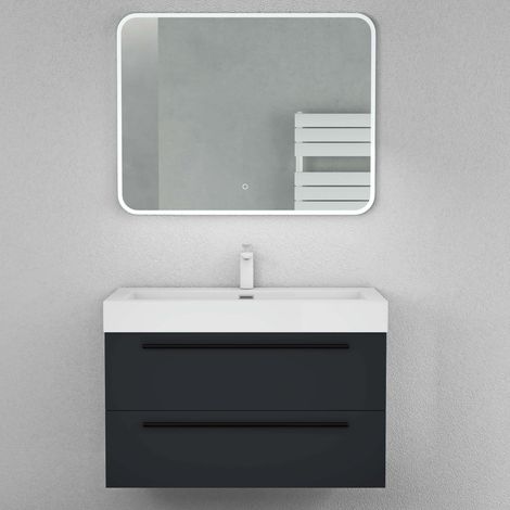 Mai & Mai Meuble de Salle de Bain Anthracite mat 90cm Meuble sous Vasque Quadratto Meuble Suspendu avec Vasque et Miroir (1/5)