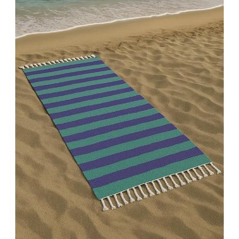 Beach Towel, 90 x 170 cm, Striped Cotton Beach Towel/Fouta for Beach, Pool, Sauna, Green and Purple (1/3)
