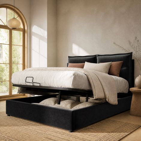 Cama con canapé 140x200 cm de terciopelo negro, con almacenamiento, sin colchón – MEUBLIV (1/5)