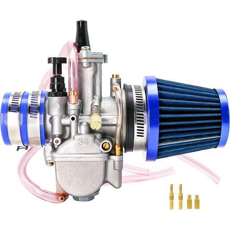Carburettor Kit with Suction Adapter, Air Filter and Main Jets, for 2 Shots/4 Times 75-250 cc, Motorcycles, Off-Road Vehicle, Scooter, UTV (34 mm, Blue)