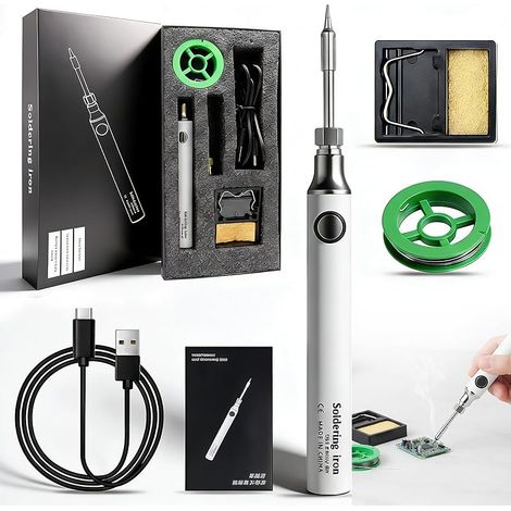 Kit de fer à souder USB sans fil – 3 niveaux de température (330 ℃-450 ℃) avec support et accessoires, sûr et facile pour les réparations électroniques Blanc (1/5)