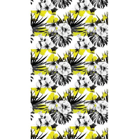 Foliage, rideau imprimé grand fleur noir et blanc fond jaune 140x245 cm, 1 pièce (1/2)