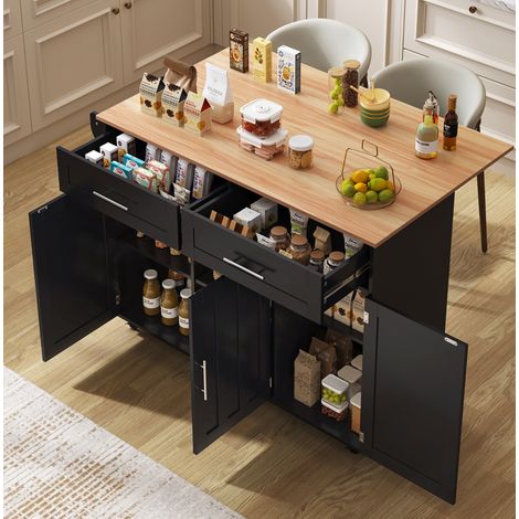 Carro de cocina (129x46x91.5 cm), encimera abatible, 2 cajones, estantes regulables, MDF, negro y natural (1/5)