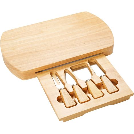 Costway Kaesebrett mit 4tlg. Besteck Kaeseset ovale Kaeseplatte Kaeseschneidbrett Kaesemesser Set Holz (1/5)