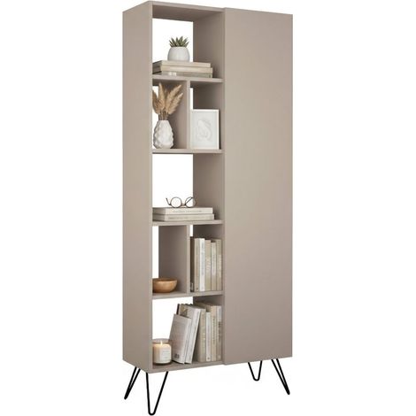 Bücherregal Lince, Bibliothek mit 4 Fächern, 1 Tür, Wandmontage, 79x32x190h cm Beige