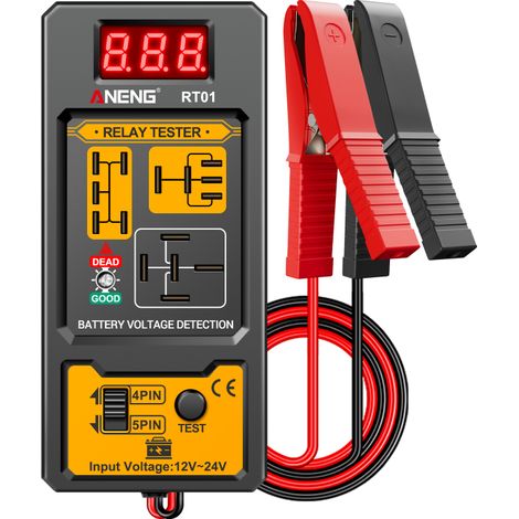 Irovami – Analizador de relés RT01 para sistemas de 12V-24V – Probador de voltaje de baterías automotrices con pantalla digital – Herramienta de diagnóstico para relés de 4 y 5 pines – Negro/Rojo