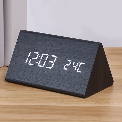 Horloge en bois LED, thermomètre, horloge électronique, réveil étudiant créatif en bois, horloge numérique triangulaire en bois noir