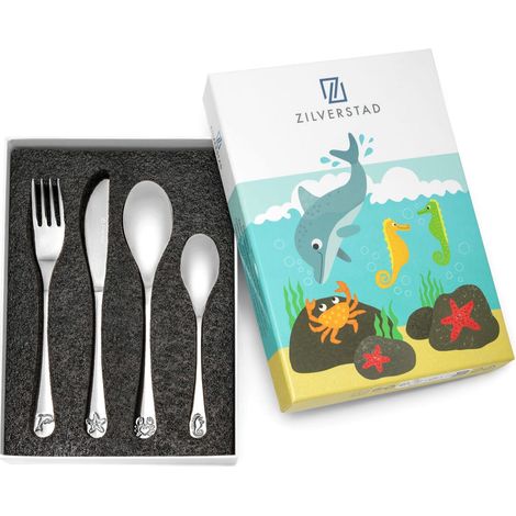 Set di posate per bambini con incisioni di animali marini Dimensioni: 160x170x160x130 mm Codice articolo: ZV4258070 (1/2)