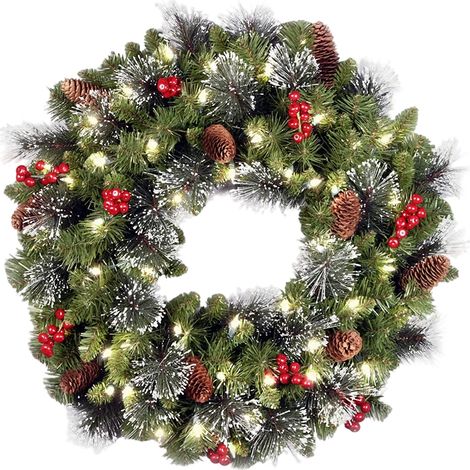 Künstlicher, beleuchteter Weihnachtskranz mit Lichterketten, verziert mit Tannenzapfen, Beerensträußen, frostigen Zweigen und Kugelornamenten. Weihnachtsdekoration für Haustür, Fenster, Innen- und Auß (1/5)