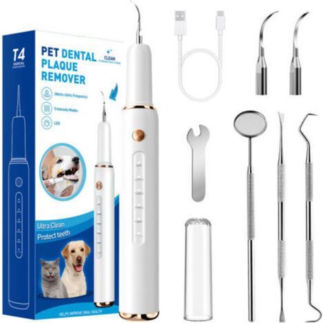 Kit de nettoyage dentaire pour animaux de compagnie avec lumière LED, 3 modes, élimine efficacement la plaque dentaire et le tartre, détartreur ultrasonique silencieux, blanc. (1/5)