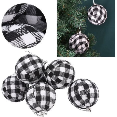 Weihnachtsdekoration: Set mit 6 schwarz-weiß karierten Weihnachtskugeln von 7 cm Durchmesser für den Weihnachtsbaum. (1/5)