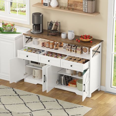 Buffet 140×35×95cm, 3 tiroirs, 4 portes, étagères ouvertes, meuble rangement de cuisine, MDF, blanc (1/5)