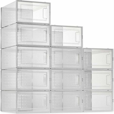 Paquet de 12 boîtes de rangement pour chaussures, bacs d'organisation de chaussures empilables en plastique transparent, conteneurs pour porte-chaussures à ouverture frontale de type tiroir (1/5)