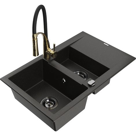 Mexen Gaspar fregadero de cocina de granito de 1,5 senos con escurridor y grifo Aster, negro/metalizado dorado (1/5)