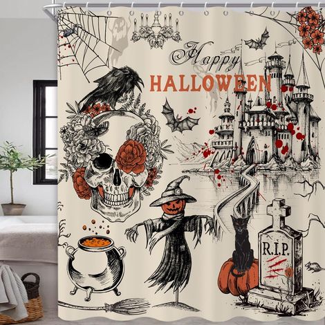 Rideau de Douche d'halloween, 165x180cm, Beige Halloween Maison Crâne Cimetière Croix Citrouille Hanté Tissu Imperméable Rideau de Salle de Bain Lavable en Machine avec Crochets (1/5)