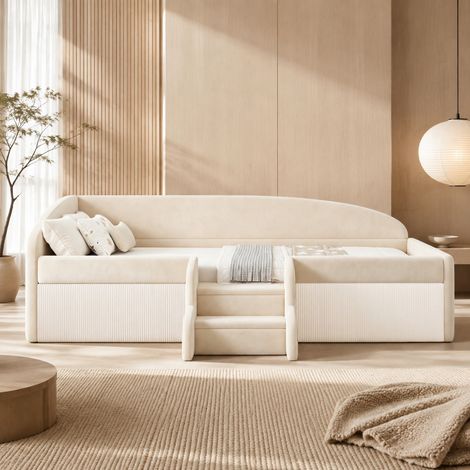 Letto per bambini imbottito 90x190 cm in velluto beige con gradini e sponde (1/5)