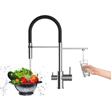 3 Wege Wasserhahn Kueche Spueltischarmatur Verchromt Kuechenarmatur mit Schwarz 360 schwenkbarem Auslauf und abnehmbare 2 strahl Handbrause