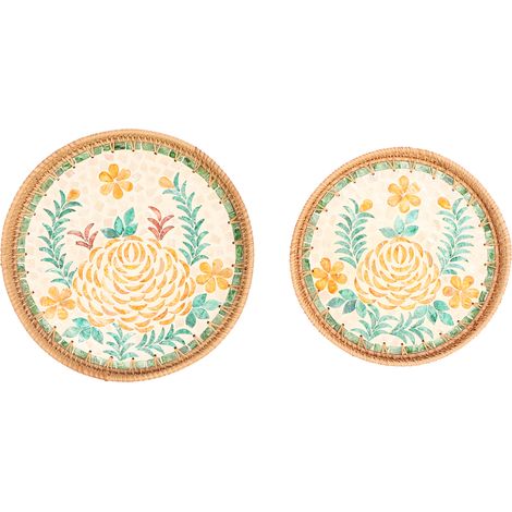 2-teiliges rundes Serviertablett mit Flechtmuster, umweltfreundlich, handgefertigt, traditioneller Kunststil, für Speisen und Obst, Pfingstrosenmuster (1/5)