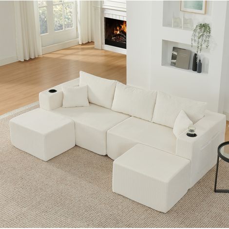 Modulares Ecksofa 230x138x75 cm, beiger Cordstoff, Seitentaschen – MEUBLIV (1/5)