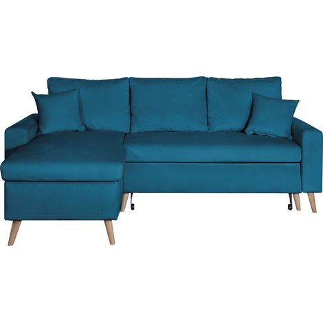 Canapé d'angle MARIA SCANDINAVE VELOURS réversible et convertible avec coffre - Bleu pétrole (1/5)