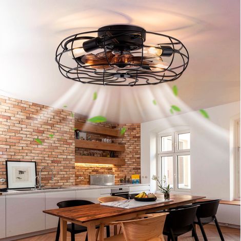 Käfig-Deckenventilator 49 cm Schwarz mit Dunkelwalnuss aus Metall mit Fernbedienung und 6 Stufen (1/5)