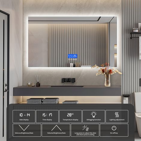 Miroir Salle de Bain LED - Miroir Mural avec Affichage Horloge& Température Anti Buée 3 Luminosités, Sans Cadre - Rectangle 60x100cm