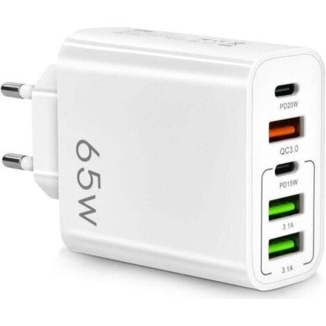 65W Fast USB-C Charger, XU, Multi-Port Charger with 2 USB-C + 2 USB + 1 QC 3.0, 5-Port USB Charger Compatible with iPhone 14 Pro Max 13 12 11 XS XR 8 7, MacBook Pro, iPad, Galaxy (White) (1/4)
